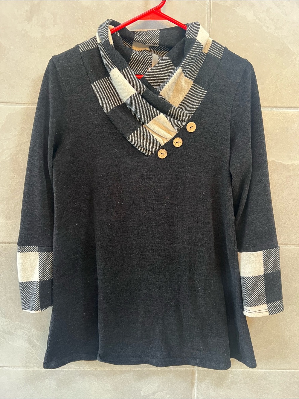 Lily Black and Cream Plaid Cowl Neck Sweater